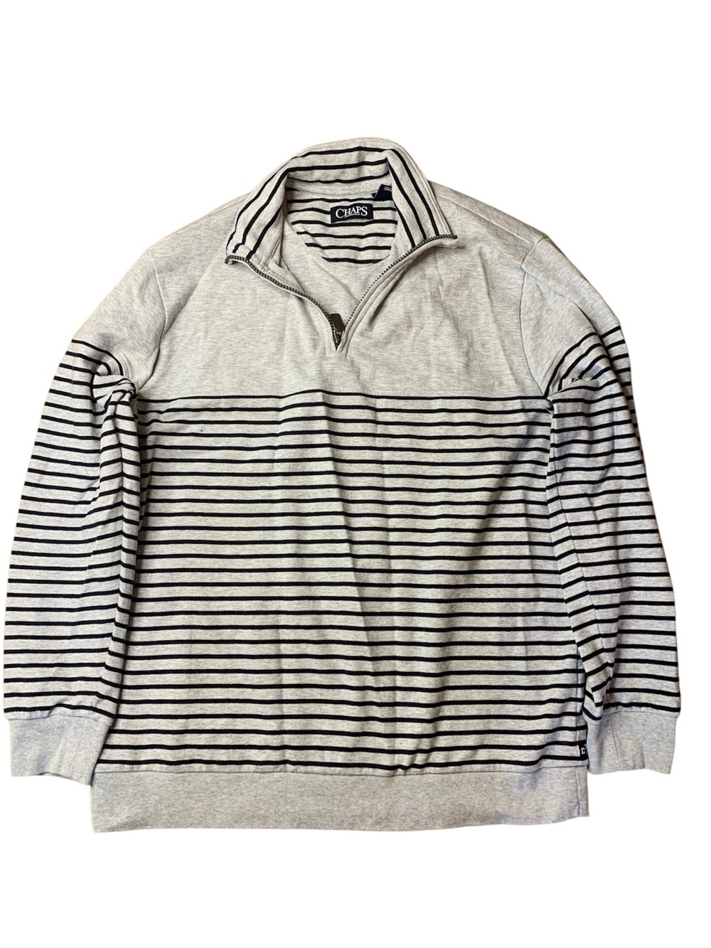 CHAPS Grey & Black Striped Quarter Zip Long Sleeve Pullover Size L